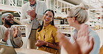 Teamwork, applause and meeting success collaboration in modern office for employee support or goals motivation. Business people, clapping hands and interracial team happy for marketing management