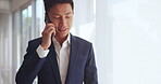 Phone call, business communication and asian man networking on smartphone for corporate, financial and online advice. Wealth, rich and Japanese worker in professional suit talking on his cellphone 
