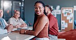 Face, business and black woman in meeting, smile and manager with team, modern office and advertising agency. Portrait, corporate and African American female entrepreneur with staff and conversation