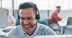 Call center, business man laugh and smile of success for telemarketing sales, customer support or virtual consulting. Telecom, communication and e commerce consultant, agent or happy help desk worker