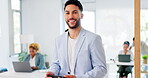 Face, mindset or phone and a business man in his office, working towards a mission of growth and development. Portrait, vision and ambition with a young male employee standing in the workplace