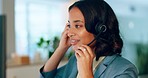 Call center woman, headset microphone and office by computer, smile or start working at agency. Crm expert, pc and happy for customer support consultant, telemarketing or consulting job in workplace