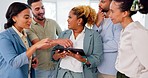 Business people with tablet, diversity and teamwork, technology and communication during team meeting. Happy employees, corporate group and discussion with digital schedule, online and collaboration