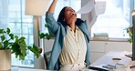 Business, woman and paper in air, excited or happiness for promotion, celebration or achievement in office. Female employee, consultant or leader throw documents for startup success or corporate deal