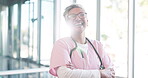Laughing healthcare worker, face or arms crossed nurse with pediatric hospital ideas or life insurance vision. Mature portrait, happy smile or medical woman with medical wellness goals or motivation