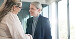 Shaking hands, introduction and business women welcome with trust, support or congratulations. Happy female workers handshake in company, meeting and networking in office building, happiness and deal