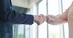 Partnership, collaboration and handshake of business people in office for deal or contract. Thank you, welcome and employees shaking hands for agreement, hiring or recruitment, b2b or negotiation.