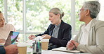 Documents, marketing and teamwork of business people in meeting discussing strategy in company office. Planning, collaboration and group of workers with paperwork, statistics or sales growth analysis