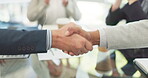 Applause, partnership handshake and business people in office to celebrate merger deal or b2b collaboration. Welcome, thank you and group of employees shaking hands and clapping for congratulations.