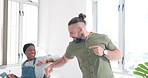 Business man dance, high five and elbow bump in office, company or workplace for funny greeting. Comic, hello and positive or carefree male employee greet group of employees, dancing and having fun.