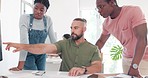 Training, coaching and business people with computer in office for helping coworker with project. Teamwork, collaboration or group of employees on pc teaching man with question, talking and mentoring