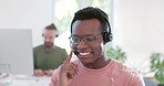 Customer support consulting, call center or black man talking on contact us CRM, telemarketing or telecom. Ecommerce, information technology consultant or customer service communication on microphone