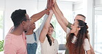 Business people, teamwork and high five in office for success, team building or motivation. Collaboration, support or group of workers with hands together to celebrate achievements, targets or goals.