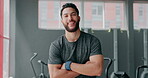 Portrait, fitness and man with arms crossed in gym ready to start workout, training or exercise. Sports, health and face of happy, proud or confident male athlete from Brazil preparing for exercising