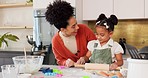 Cooking, mother and flour fun in kitchen with pin for baking, cookies and black family bonding in house. Mama, child and learning cookie baker skill in home with happy smile together with parent.