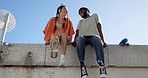 Cool, fashion and joke with young couple hang out on city building together bonding. Interracial stylish young people on a funny city date. Silly, goofy and laughing black man and woman joking