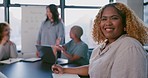 Happy, meeting and portrait of a woman with notes for planning, strategy and agenda with a team. Smile, success and corporate secretary writing in a notebook during a workplace discussion at work