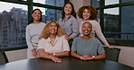 Business people, face and smile of corporate team, about us or organization relaxing at office together. Group portrait of happy employee women smiling for teamwork success or staff at workplace