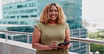 Business woman, happy portrait and tablet while in city for online communication, networking or trading. Black person with urban buildings rooftop with 5g network connection for writing email online