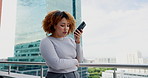 Digital, city or black woman with phone call loud speaker for communication, networking or contact us at office building. Employee, worker or startup girl on smartphone for 5g virtual assistance
