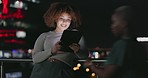 Tablet, night balcony and relax woman reading positive social network feedback, customer experience or ecommerce. Brand monitoring data, review or African media worker doing analysis of online survey