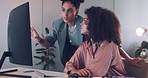 Computer, black african american woman or manager coaching, training or helping an employee with mentorship at office desk. Leadership, collaboration or worker with a question talking or speaking of digital marketing