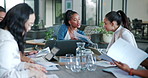 Collaboration, documents or business people in meeting with laptop for analytics, planning or project management in office. Research, paper or teamwork with tech for communication, strategy or review