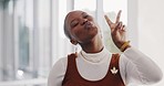 Black woman, peace hand and kiss face for corporate happiness, creative employee motivation and designer success. African business woman, smile and happy hands emoji or positive mindset energy