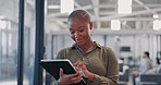 Research, analysis and black woman with a tablet for social media management at a startup. Website, contact and African employee reading information on technology for connection, email and search