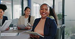 Business meeting, black woman and portrait with tablet for online planning, strategy and smile. Happy female worker working on digital technology for productivity, connection and happiness in startup