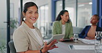 Business meeting, happy woman and portrait with tablet for online planning, strategy and smile.Female worker working on digital technology for productivity, connection and happiness in startup agency