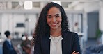 Business, leadership and face of black woman in office building with crossed arms for ideas, vision and goals. Startup, smile and portrait of female worker with confidence, success mindset and target