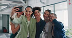 Selfie, friends and diversity with woman friends posing for a profile picture together in the office at work. Social media, partnership and teamwork with female colleague group taking a photograph