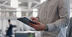 Businessman, hands and working on tablet in busy office, analytics app or iot. Closeup of worker, digital technology and website planning for internet research, data management or productivity online