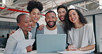 Diversity, portrait and business people on laptop in office for collaboration, goals or motivation. Group of happy employees, teamwork and support of staff for happiness, success and smile in startup