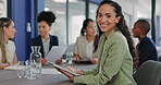 Business woman, portrait and tablet in meeting for online planning, strategy and internet search. Happy female worker working on digital technology for productivity, connection and happiness in team