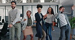 Success, dance or happy business people in celebration with positive energy, crazy or freedom in office. Excited, team or group of funny employees dancing together with motivation for goals or bonus