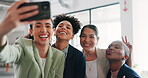 Selfie, friends and business with a black woman group posing for a profile picture together in the office at work. Social media, partnership and teamwork with female colleagues taking a photograph