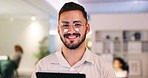 Portrait, corporate and man in office happy, smile and proud while working in reception with blurred background. Front desk, face and male manager excited for career, startup and cheerful in Mexico