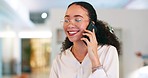 Black woman, phone call and corporate communication, business negotiation or telemarketing with networking and discussion. Virtual meeting, talking and employee in workplace, company and connection