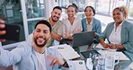 Office, selfie and business people in meeting, collaboration and fun, happy and smile. Colleagues, team and phone for photo by work friends posing during discussion, startup and idea, diverse and joy