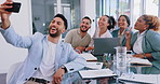 Business people, selfie and happy team in an office meeting with diversity, motivation and trust. Men and women group together for social media profile picture with peace emoji for collaboration