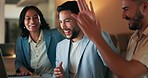 Business celebration, high five and conference room of staff in a meeting with applause. Diversity, progress success and excited and office staff clapping from company growth and teamwork progress