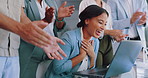 Clapping, laptop and winner woman in office success, congratulations and celebration of company target sales. Achievement, goals and applause worker, employee or person promotion, news or opportunity