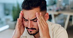 Headache, stress and man with pain, tired or fatigue working in a business office with mental health problem. Worker, person or employee with burnout risk, depression or anxiety for workplace crisis