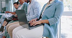 Hands, laptop or waiting and a business woman in line for her hiring interview with human resources. Computer, resume and recruitment with a female candidate sitting in a row for a company vacancy