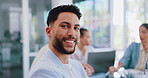 Businessman, face and smile for leadership in team meeting, collaboration or discussion at office. Portrait of happy male manager smiling for corporate planning, management or teamwork at workplace