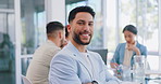 Businessman, face and smile with arms crossed in leadership for meeting, collaboration or discussion at office. Portrait of happy male manager smiling for corporate planning, management or teamwork