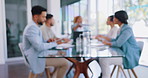 Defocused view, business people or office meeting and documents, paper or finance report in boardroom. Blurred, men or corporate women in teamwork collaboration, strategy planning or diversity review