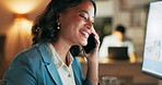 Phone call, smile and night with business woman at computer for planning, networking and digital marketing. Leadership, management and deal with employee in office for help, review and website